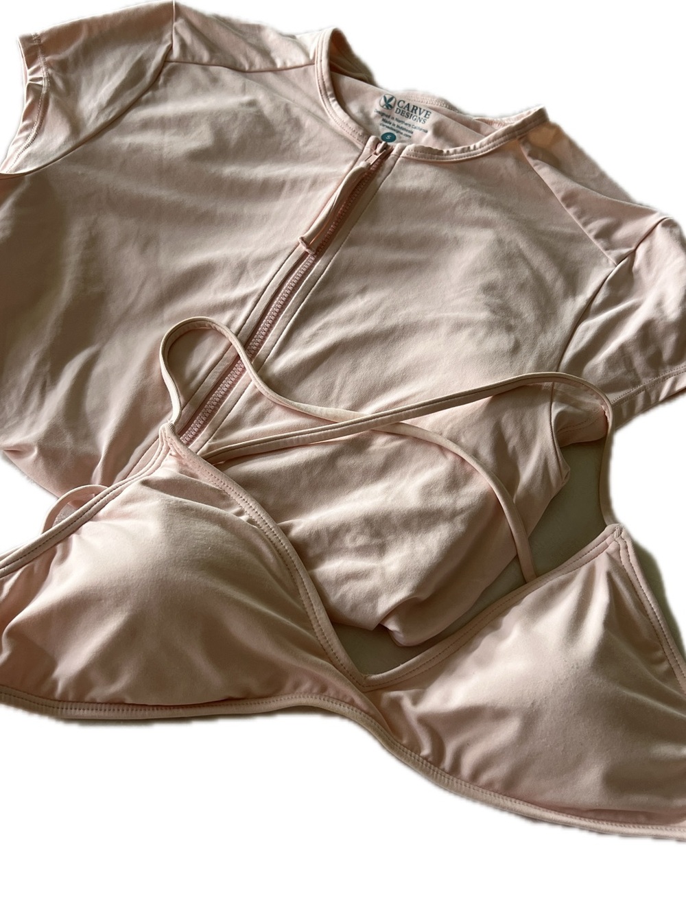 Carve Designs Blush Pink Short Sleeve rashguard and matching bikini top